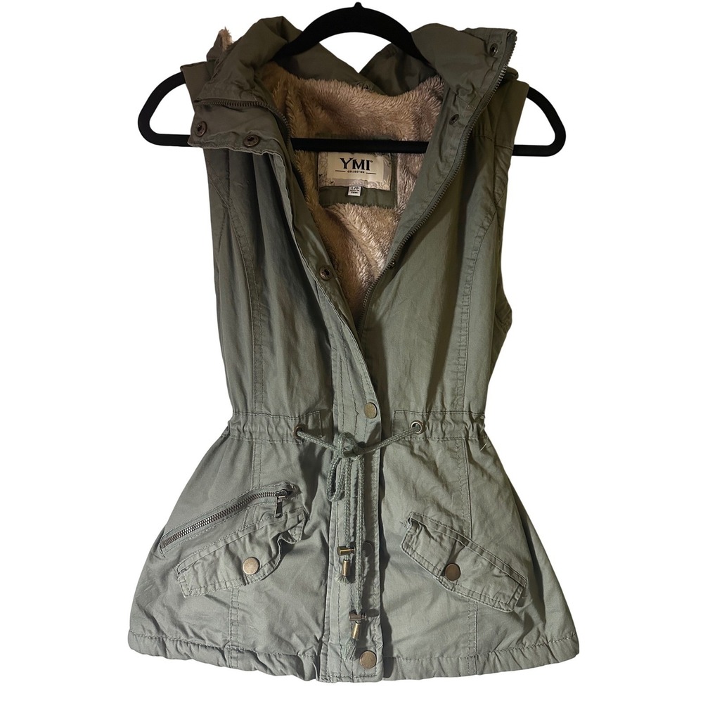 YMI Collection‎ Olive Green Faux Fur Lined Hooded Utility Vest Jacket Size L